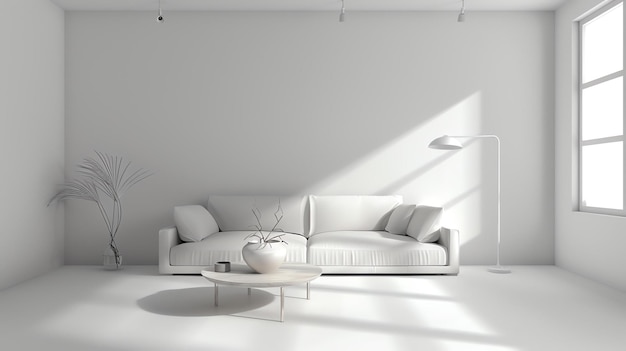 Rendering 3D de un interior de sala de estar moderno con un sofá mesa de café y un jarrón decorativo