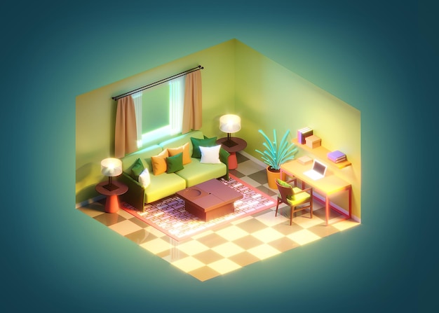 Rendering 3D isométrico interior de la sala de estar