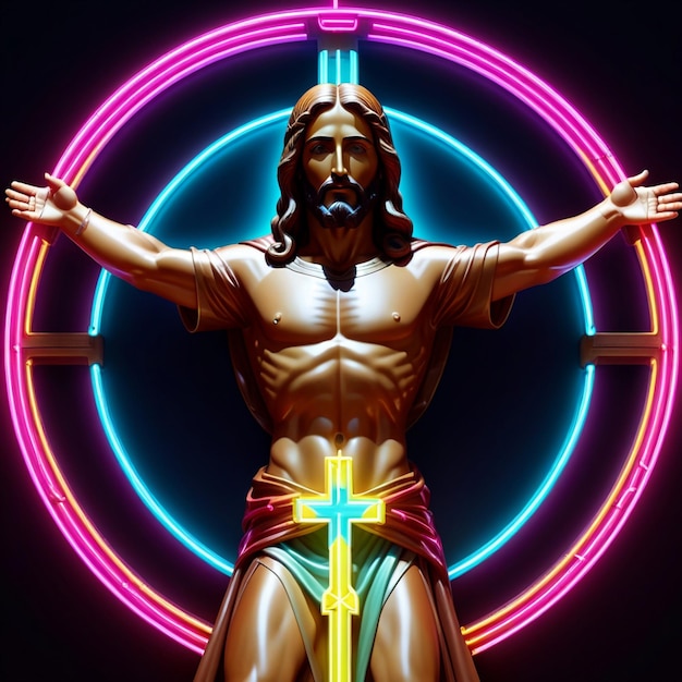 Foto rendering 3d de jesús en la cruz de neón