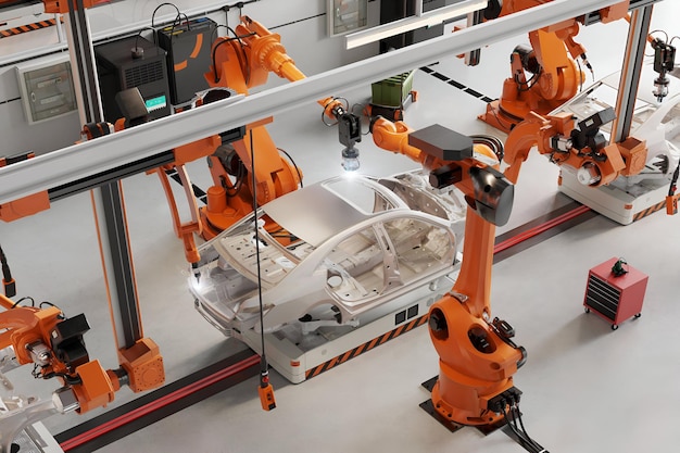 Rendering 3D de una línea automática de fabricación de automóviles en una fábrica de automóviles