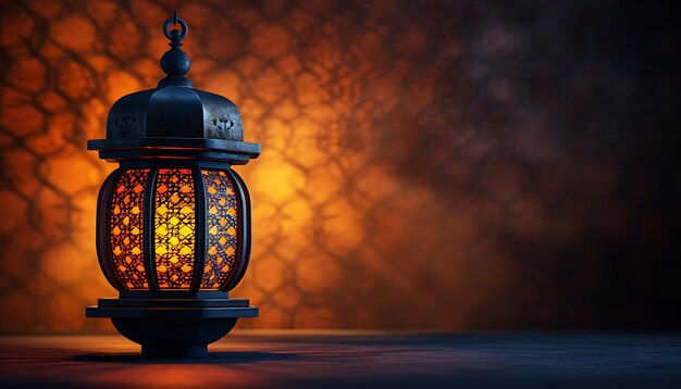 Rendering en 3D de la linterna de Ramadan Kareem en un fondo oscuro con espacio para el texto