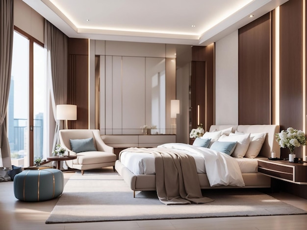 Rendering 3D de lujo habitación moderna en el hotel con TV y gabinete
