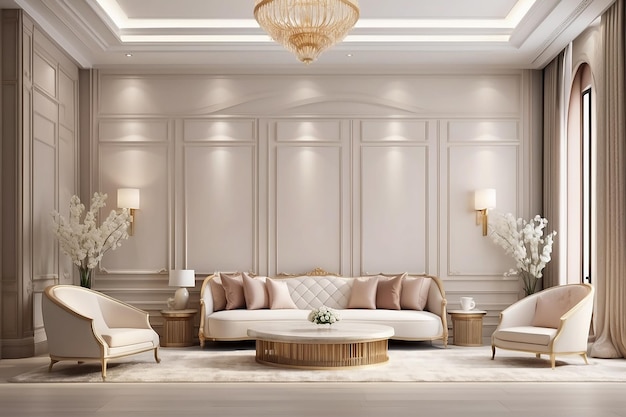 Rendering 3D de lujo pared clásica en la sala de estar y el vestíbulo del hotel