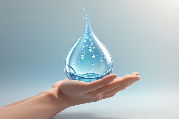 Rendering 3D de la mano que sostiene la gota de agua aislada en fondo blanco concepto salvar el día del agua en marzo Ilustración de rendering 3D estilo de dibujos animados minimalista