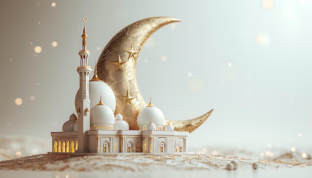 Rendering 3D de mezquita blanca con luna dorada y desierto de arena blanca