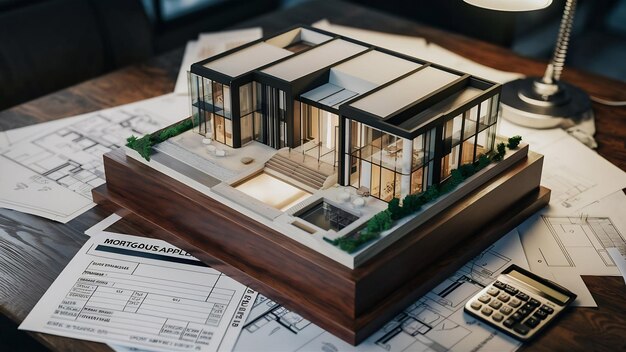 Rendering 3d de modelo de arquitectura en la parte superior de una tabla con formulario de solicitud de hipoteca calculadora bl
