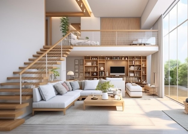 Rendering 3D moderno de madera blanca sala de estar cerca del dormitorio en el piso de arriba