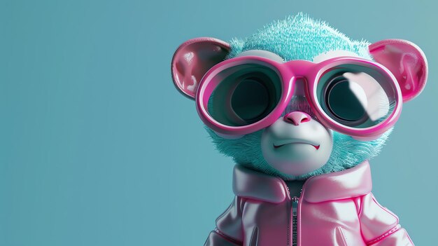 Rendering 3D de un mono lindo y colorido con gafas de sol El mono tiene pelaje azul orejas rosas y una chaqueta rosada