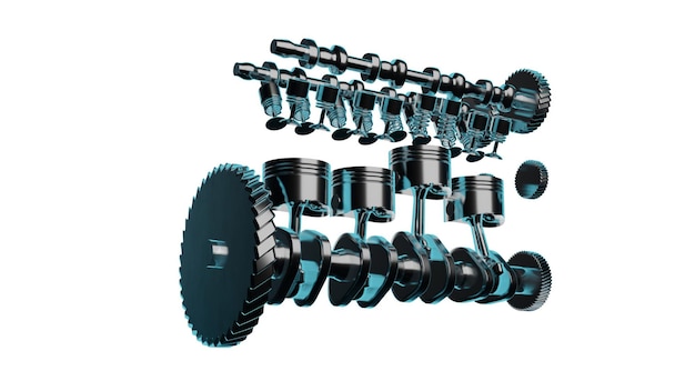 Rendering 3D de un motor de automóvil de aleación de titanio aislado sobre un fondo blanco Cilindros de componentes de vehículos premium con cigüeñal hechos con ingeniería magistral precisa para ser utilizados en automóviles