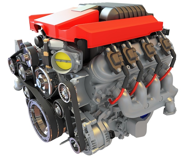 Rendering 3D del motor de coche V8 en un fondo blanco