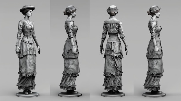 Foto rendering 3d de una mujer de la era victoriana con un vestido con un bullicio y un sombrero la mujer está de pie con las manos a los lados mirando hacia la izquierda