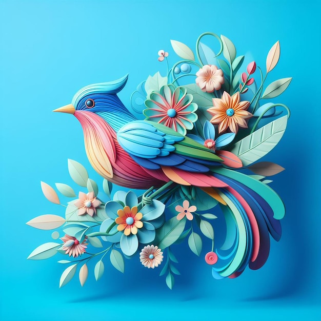 Rendering 3D de un pájaro colorido con flores y hojas aisladas sobre un fondo blanco