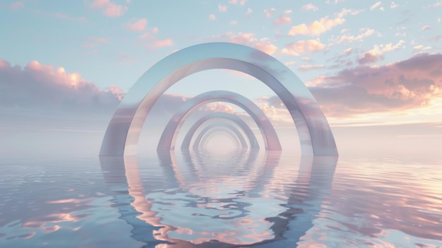 Rendering 3D de panorama abstracto de fondo paisaje marítimo del norte con aguas tranquilas y arcos de espejo geométricos planos Papel de pared de gradiente del cielo con atractivo estético
