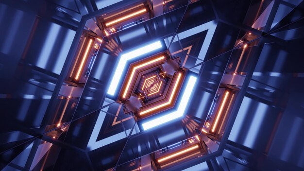 Rendering 3D de un pasillo futurista de ciencia ficción hacia un portal con luces de neón coloridas