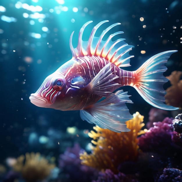 Foto rendering 3d de peces tropicales coloridos con coral en fondo oscuro rendering 4d de tropos coloridos