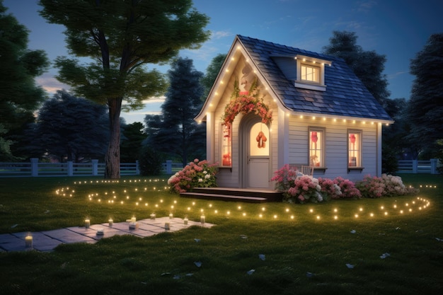 Rendering 3D de una pequeña casa en el jardín por la noche Rendering 4D de una casa pequeña en el césped con muchas luces Generado por IA