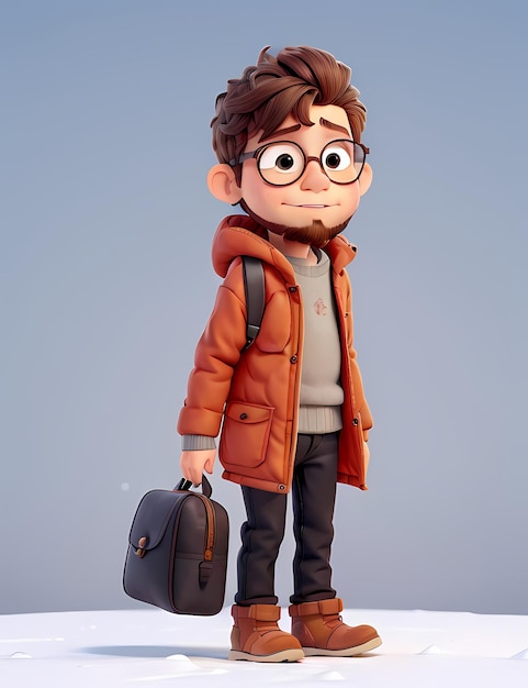 Rendering en 3D de un personaje de dibujos animados en 3D en Adventure And Travel con trajes especiales