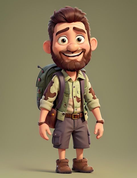 Rendering en 3D de un personaje de dibujos animados en 3D en Adventure And Travel con trajes especiales