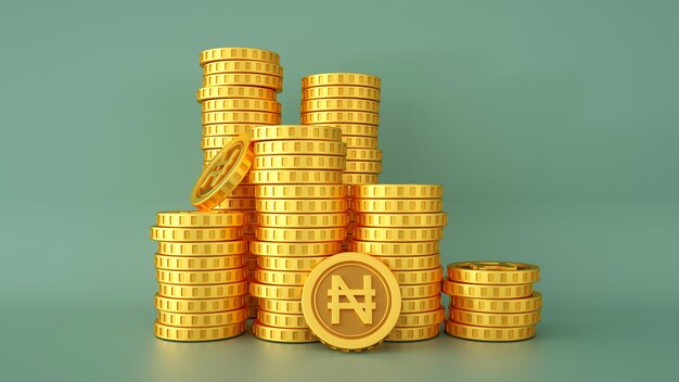 Rendering en 3D de una pila de monedas de naira de oro nigerianas abstractas aisladas sobre un fondo verde