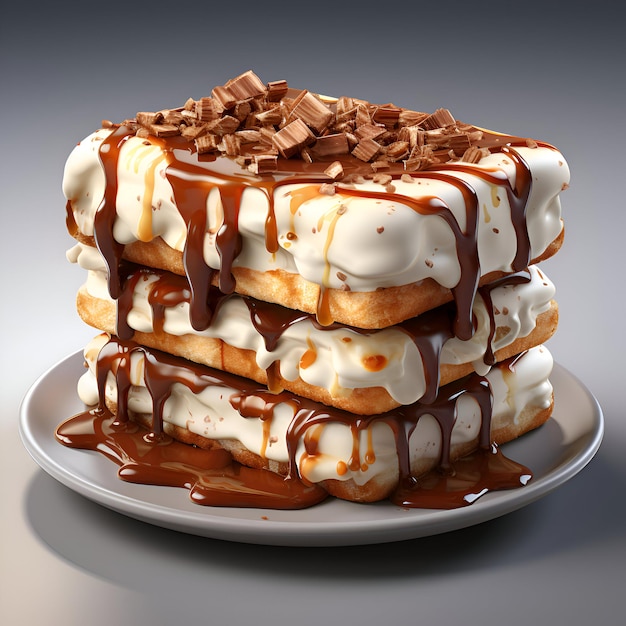 Rendering en 3D de una pila de waffles con chocolate y caramelo en la parte superior