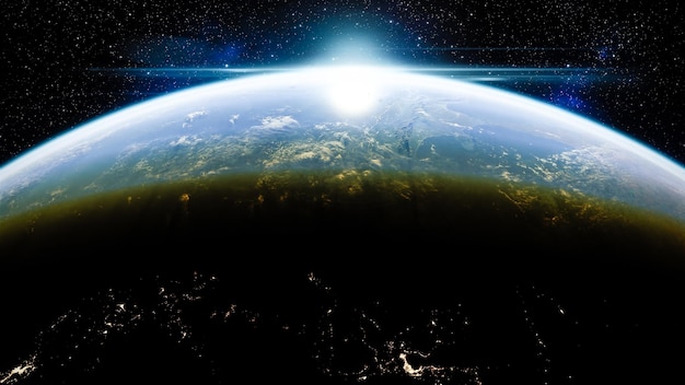 Rendering 3D del planeta Tierra con el amanecer en el espacio Europa elementos de esta imagen proporcionada por la NASA