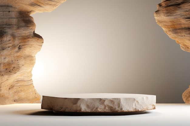 Rendering 3D de una plataforma de podio de piedra en una cueva