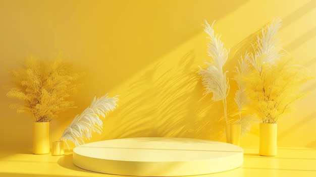 Rendering 3D de un podio amarillo con un reflector en él Hay algunas plantas amarillas en