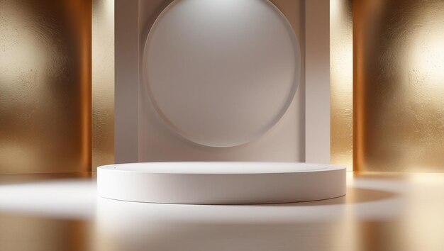 Rendering 3D de podio circular blanco sobre fondo dorado Fondo aislado de alta calidad
