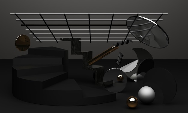 Rendering 3D de podio negro utilizado para producto adicional Estilo minimalista con forma geométrica en tono de color negro y dorado