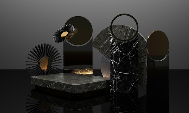 Rendering 3D de podio negro utilizado para producto adicional Estilo minimalista con forma geométrica en tono de color negro