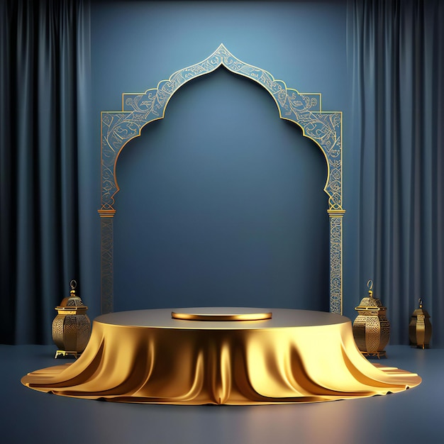 Rendering 3D del podio con oro tela de tela de seda de lujo con linternas Ramadan Kareem estiloound