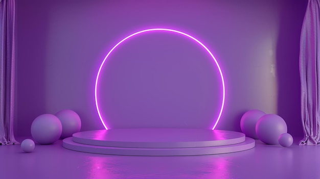 Rendering 3D de un podio púrpura con un círculo púrpura brillante y bolas púrpuras
