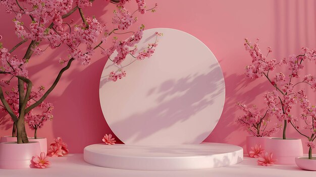 Rendering 3D de un podio rosado con un círculo blanco sobre un fondo rosado Hay árboles de cerezas en flor a ambos lados del podio