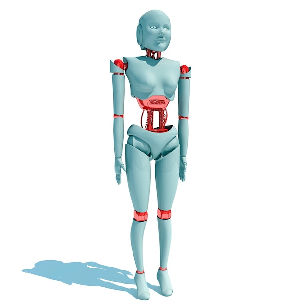 Rendering en 3D de un robot femenino sobre un fondo blanco