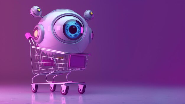 Rendering 3D de un robot lindo empujando un carrito de compras El robot tiene un gran ojo y una expresión amigable El carrito de compra está vacío