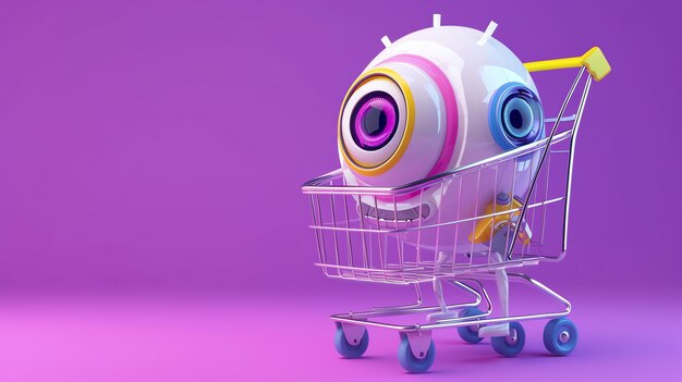 Rendering 3D de un robot lindo empujando un carrito de compras El robot tiene un gran ojo y una sonrisa amistosa Está de pie en un vacío púrpura