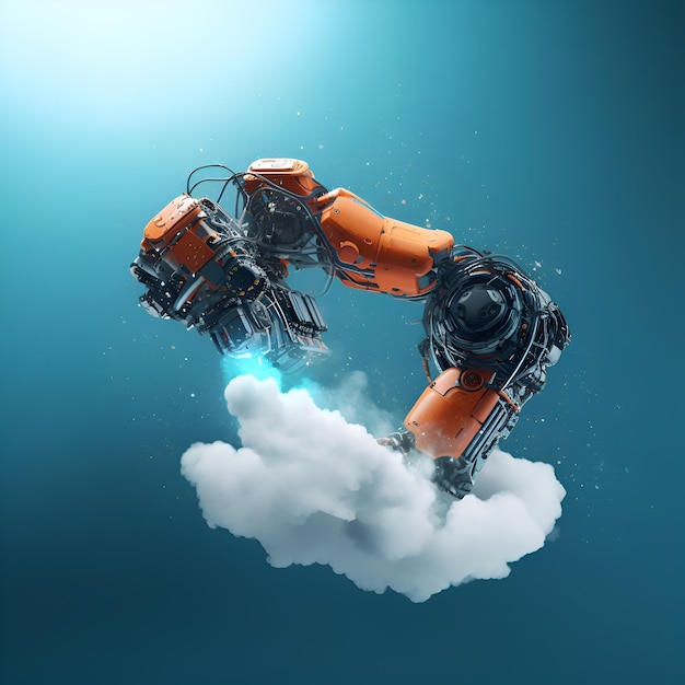 Rendering en 3D de un robot naranja flotando en el cielo azul con nubes blancas