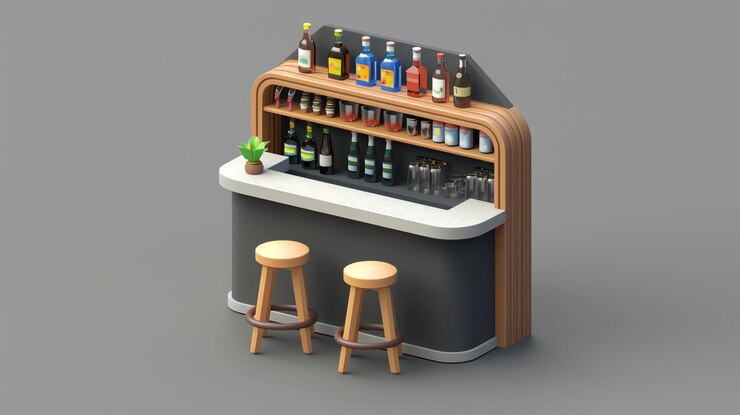 Foto rendering 3d de una simple barra de casa moderna con armarios de madera una encimera gris y dos taburetes de bar