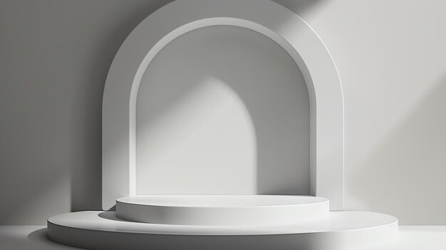 Rendering 3D de un simple y elegante podio blanco con un arco curvo en el fondo