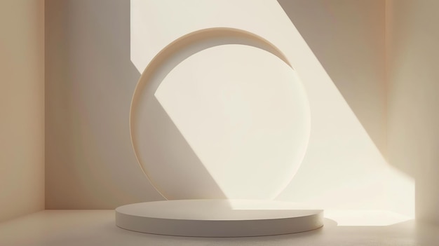 Rendering 3D de un simple podio beige con un gran círculo en la pared trasera El podio está iluminado por una luz suave desde la derecha