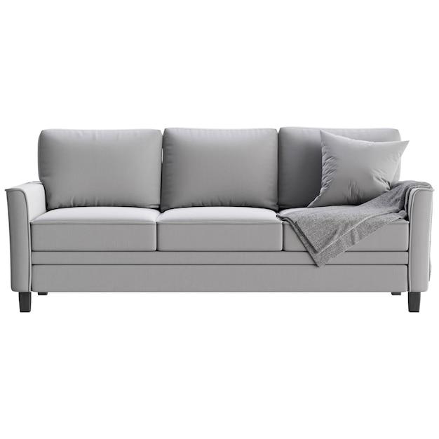 Rendering 3D de un sofá moderno con almohada y cuadros aislados sobre un fondo blanco