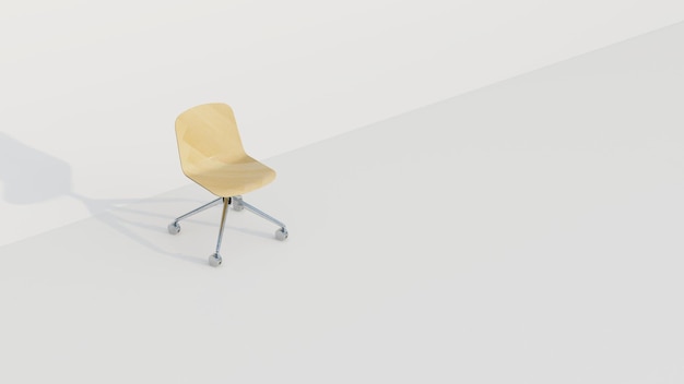 Rendering 3d de una sola silla de oficina minimalista con madera brillante y 4 patas de silla de ruedas