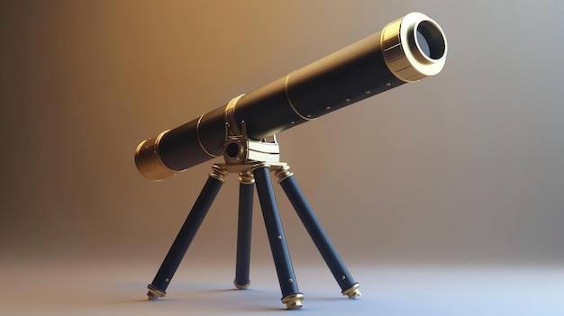 Foto rendering 3d de un telescopio antiguo en un trípode el telescopio está hecho de metal con un acabado negro y dorado