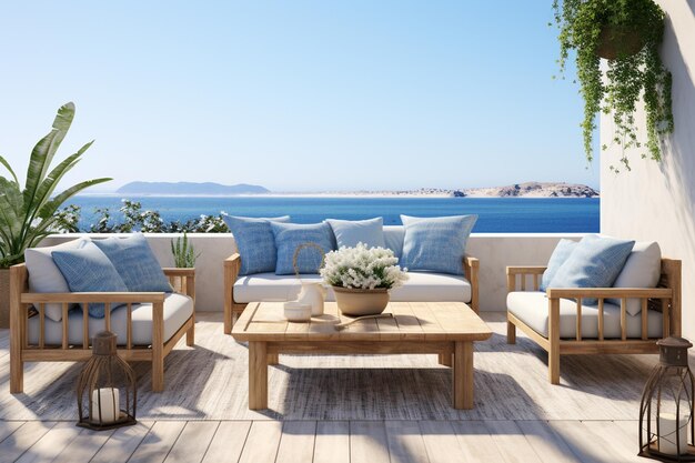 Rendering 3D de una terraza con vista al mar y sofá azul