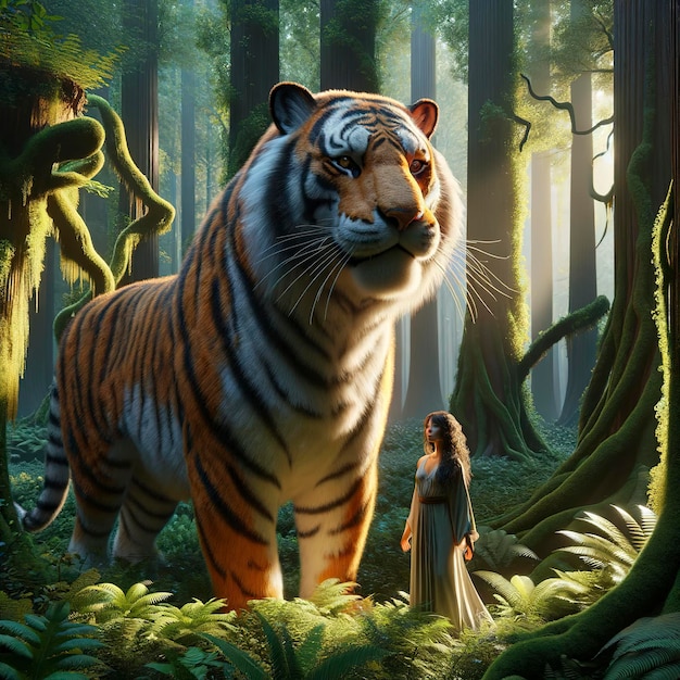 Rendering 3D de tigre del bosque con mujer