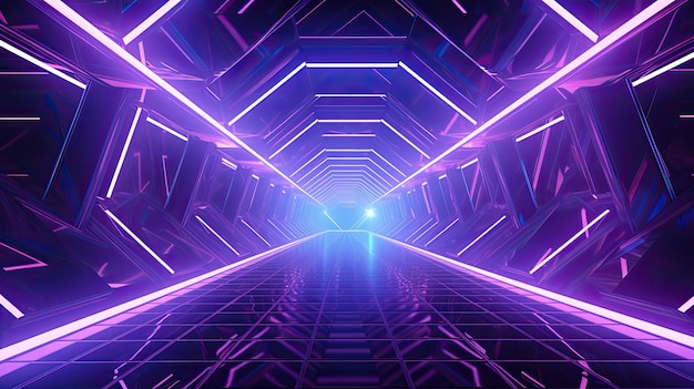 Rendering en 3D de un túnel futurista con luces de neón brillantes