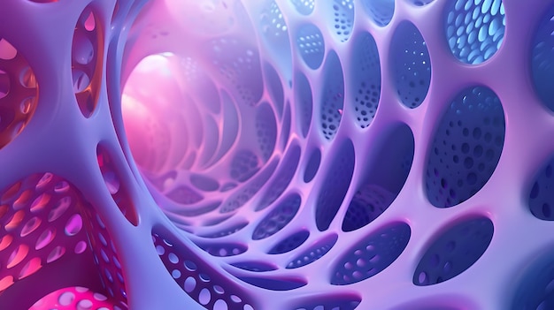 Rendering 3D Túnel orgánico abstracto con luces de neón rosas y azules Fondo de ciencia ficción futurista