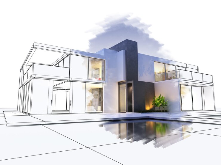 Foto rendering 3d de una villa de lujo en contraste con una parte técnica de borrador