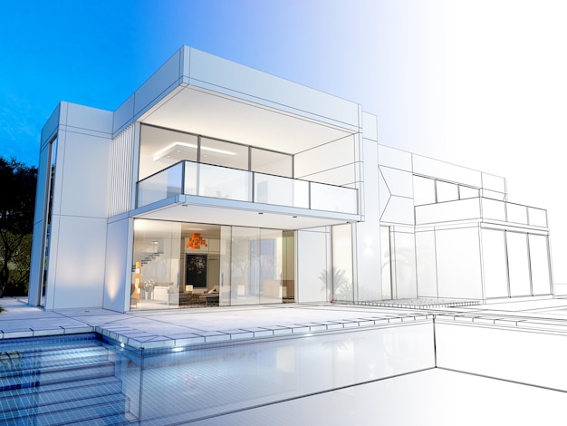 Rendering 3D de una villa de lujo con rendering realista contrastante y marco de alambre