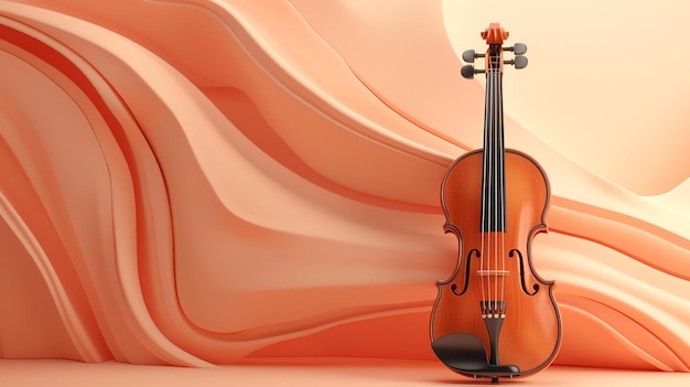 Rendering 3D de un violín colocado en un fondo abstracto rosa y naranja El violín está hecho de madera